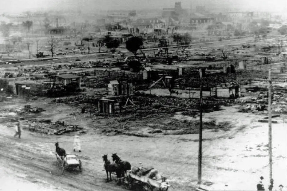 The image shows a portion of the African American neighborhood that was overrun by white rioters May 31-June 1, 1921. With force of numbers and superior weapons, they defeated the black defenders in a number of engagements.